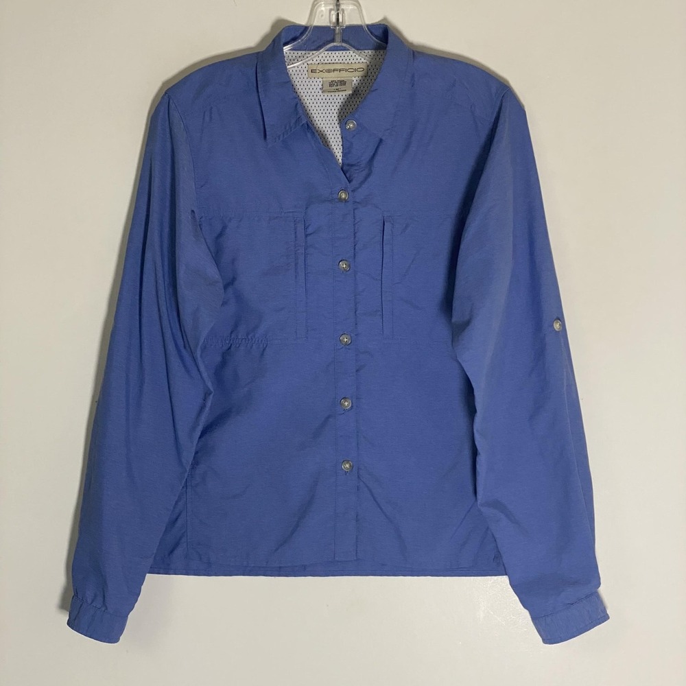 ExOfficio Jacket Womens Medium Blue Vented Mesh Lined Hiking Travel Fishing